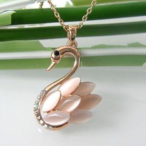 Navachi Gold Plated Swan Bird Created-opal Crystal Pendant + 16" Necklace